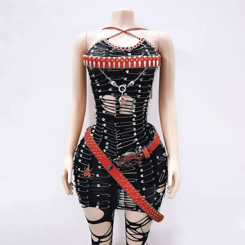 Halter hollow out metal chain cut out mini dress