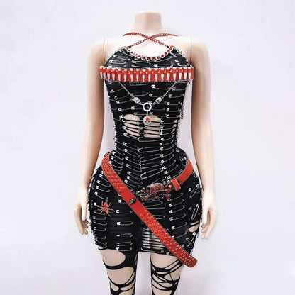 Halter hollow out metal chain cut out mini dress