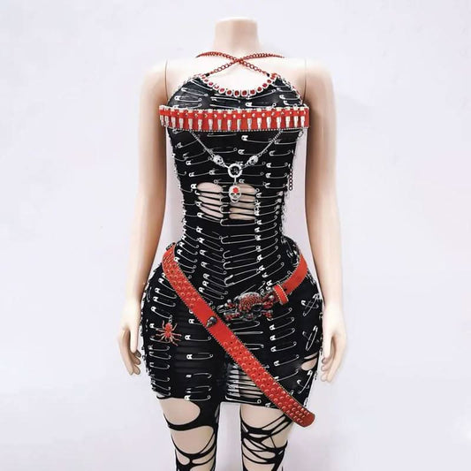 Halter hollow out metal chain cut out mini dress