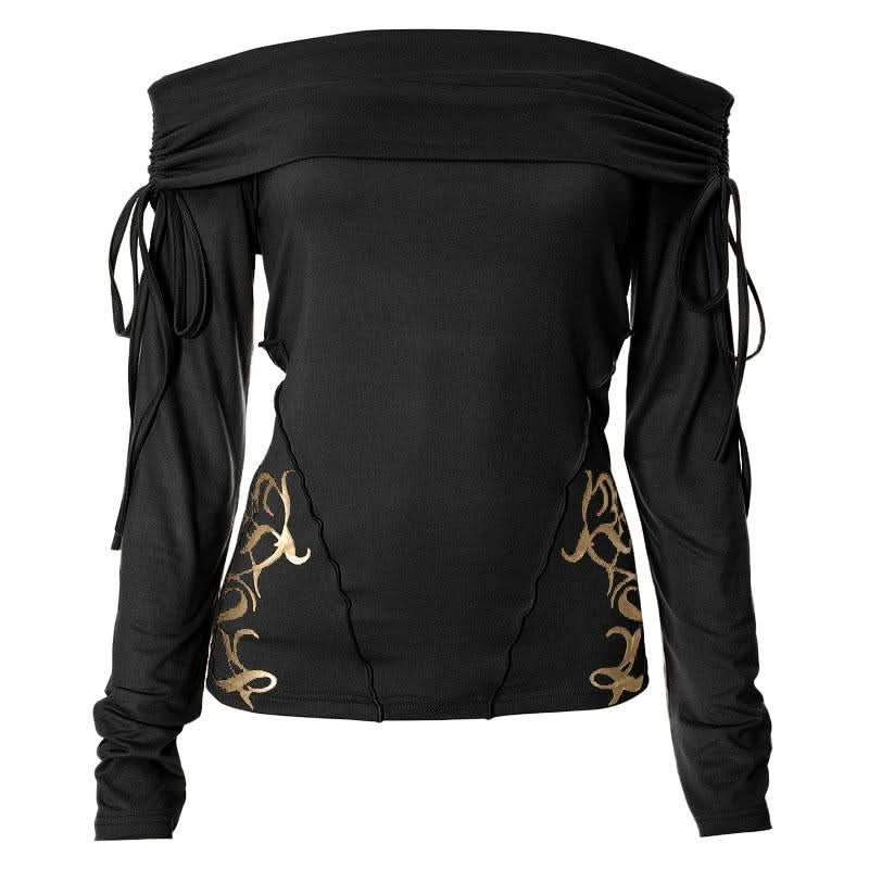 Long sleeve off shoulder ruched self tie stitch top