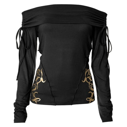 Long sleeve off shoulder ruched self tie stitch top