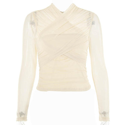 Cross front ruched mesh long sleeve solid top
