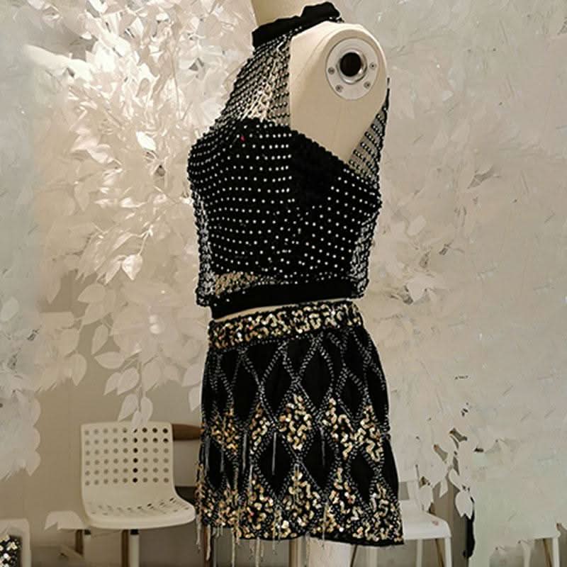 Crewneck hollow out see through beaded button cut out top