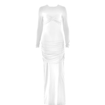 Long sleeve crewneck ruched cross front maxi dress