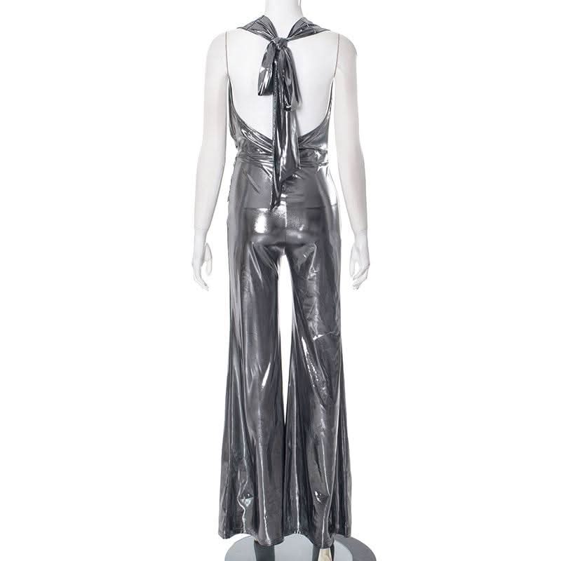 Metallic ruched halter self tie cowl neck jumpsuit