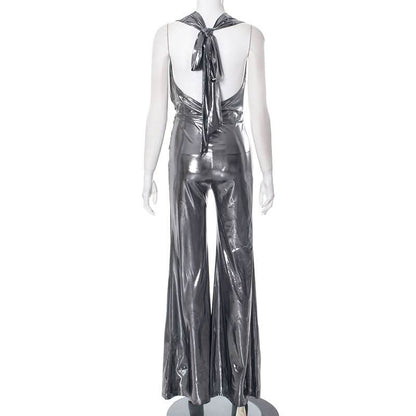 Metallic ruched halter self tie cowl neck jumpsuit