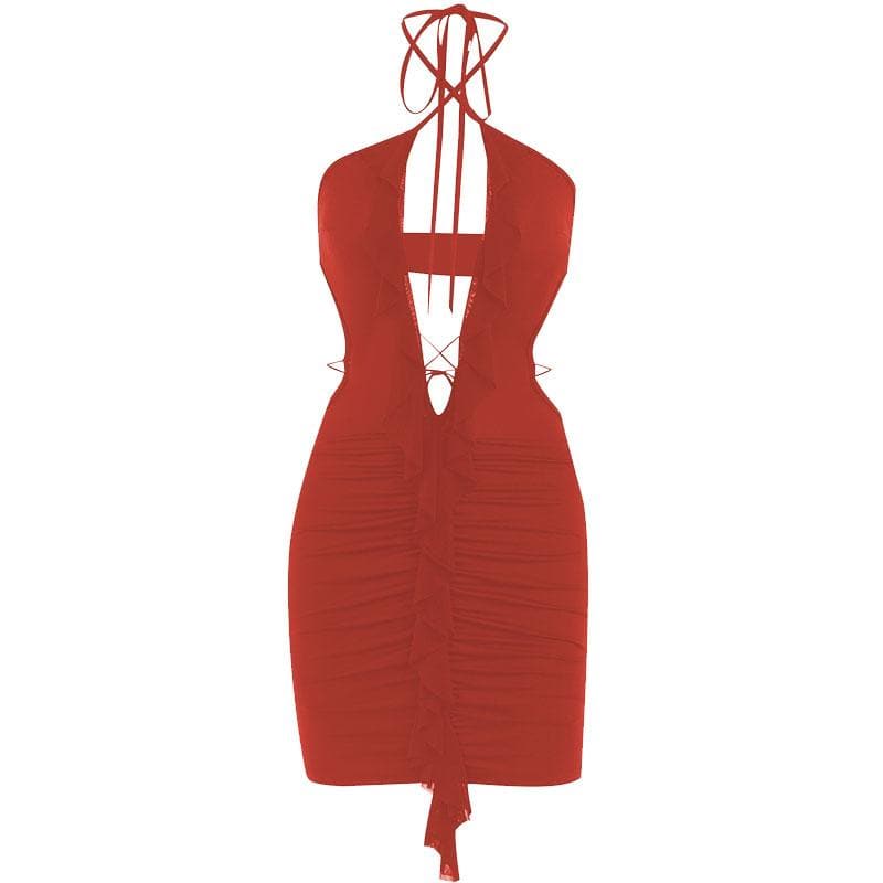 Halter Cross-Front Plunging Ruffle Trim Side Cutout Ruched Mini Dress