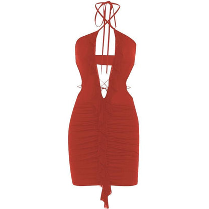 Halter Cross-Front Plunging Ruffle Trim Side Cutout Ruched Mini Dress