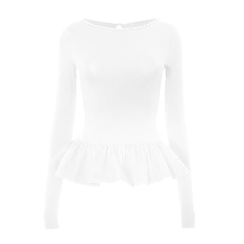 Ruched long sleeve round neck hollow out ruffle cut out top