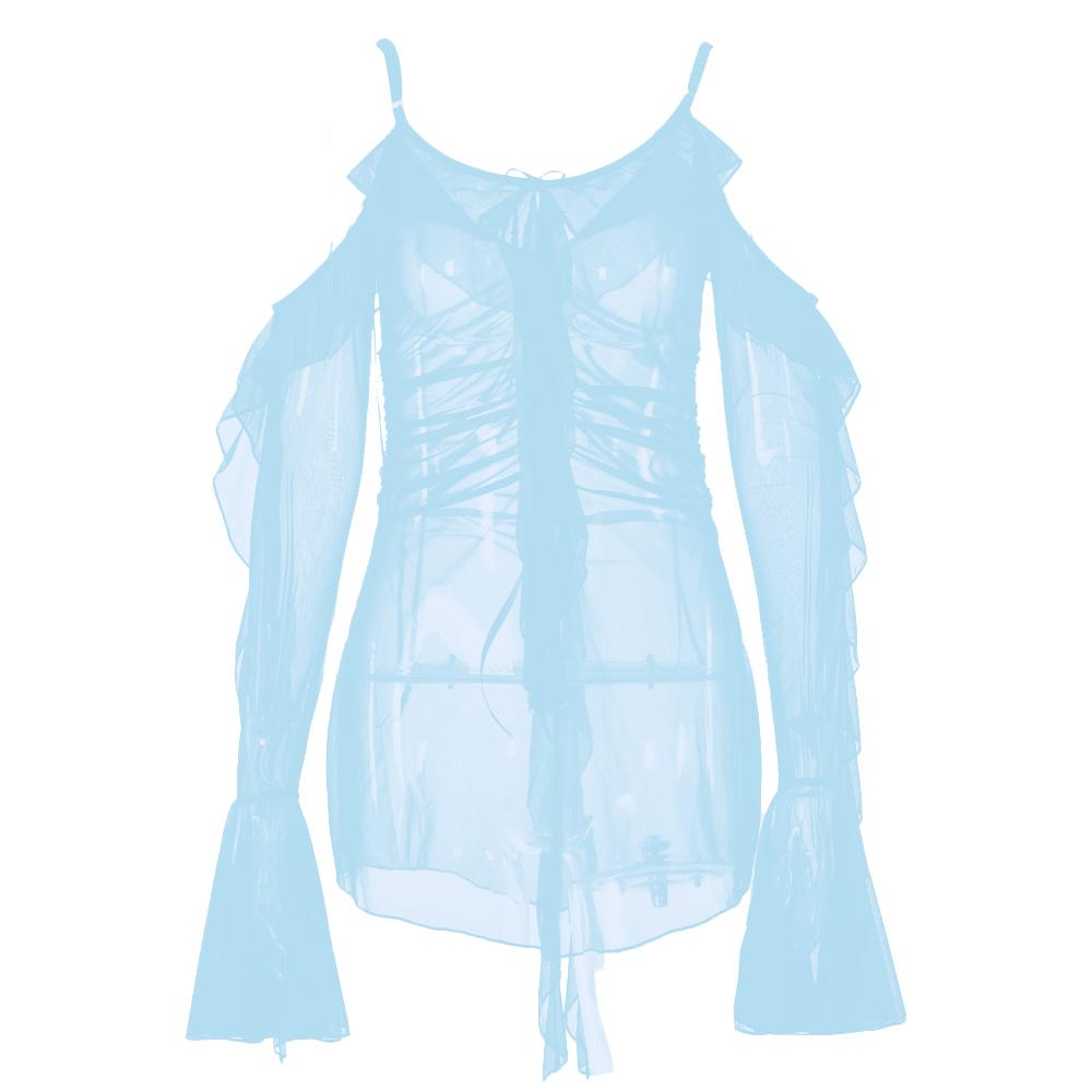 Long flared sleeve Off shoulder sheer mesh ruffle mini dress