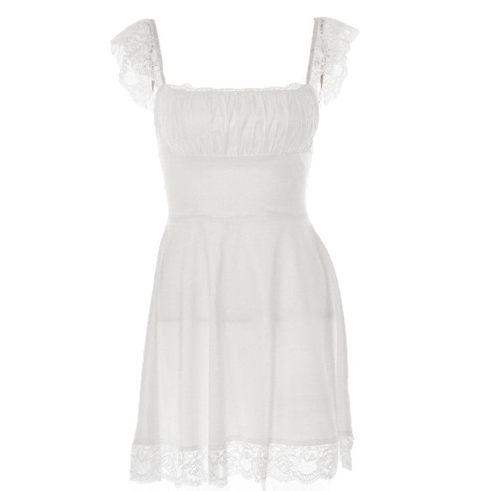 Lace hem solid cap sleeve zip-up ruched lace up mini dress