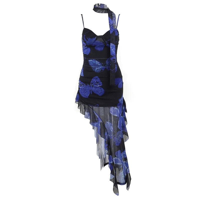 Sweetheart neck ruffle print irregular cami midi dress