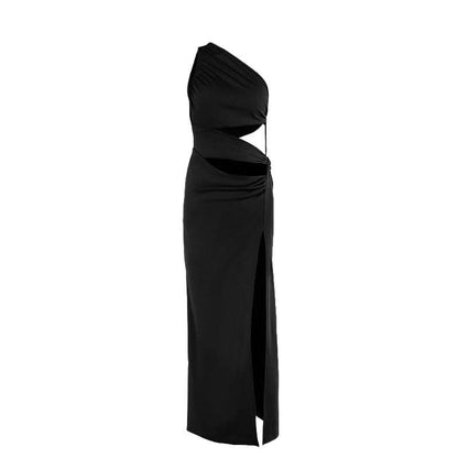 Irregular hollow out slit ruched one shoulder cut out mini dress