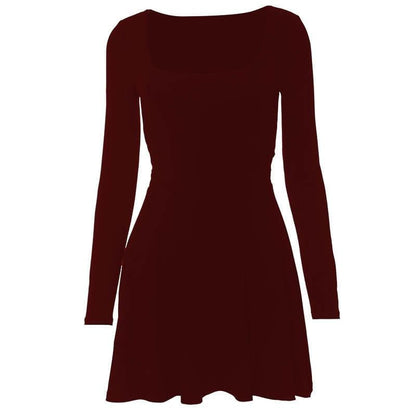Square Neck Long Sleeve Lace Up Flared Skater Mini Dress
