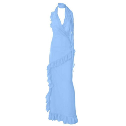 Halter v neck backless ruffle zip-up solid maxi dress-final-sale