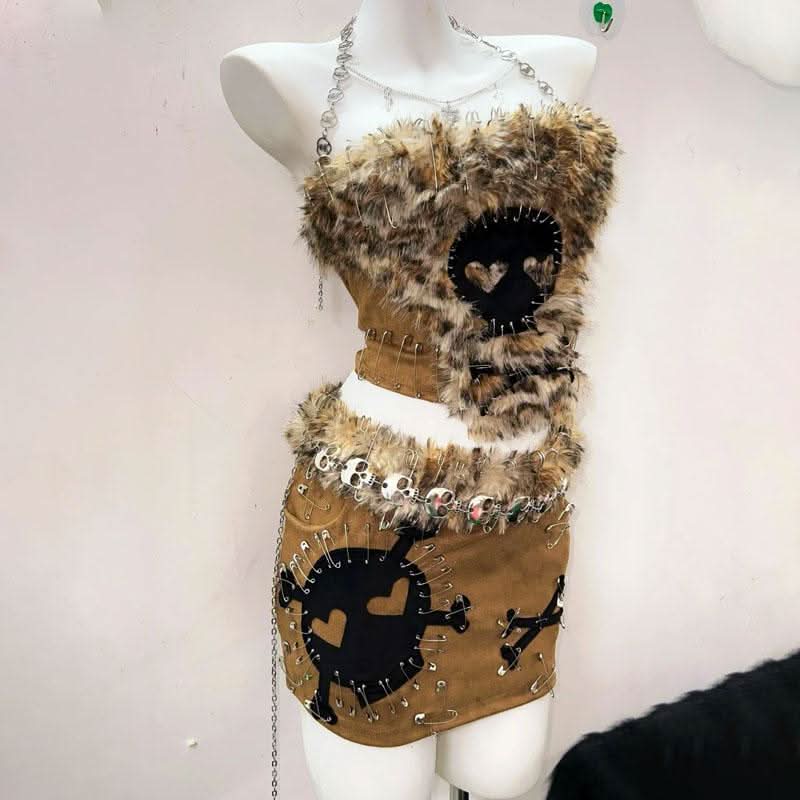 Long sleeve zip-up fluffy skull pattern mini skirt set