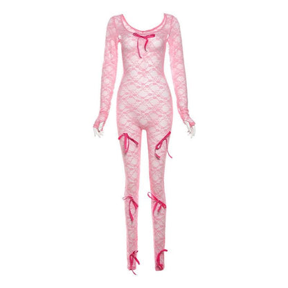Long sleeve bowknot u neck lace see through jumpsuit-final-sale