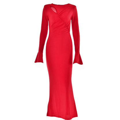 Ruched solid hollow out irregular long sleeve cut out maxi dress