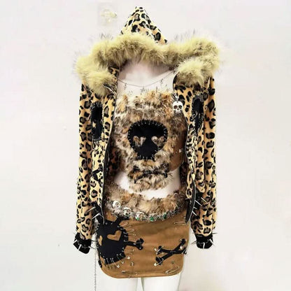 Long sleeve zip-up fluffy skull pattern mini skirt set