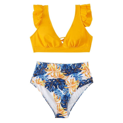 Cap sleeve contrast ruffle lace up leaf print bikini swimwear