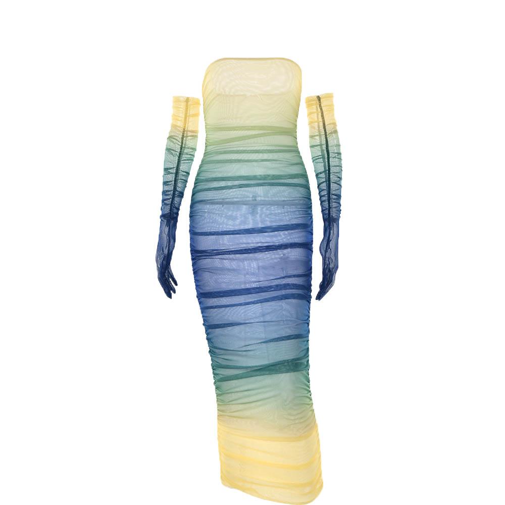 Sheer mesh see through gradient gloves ruched tube maxi dress