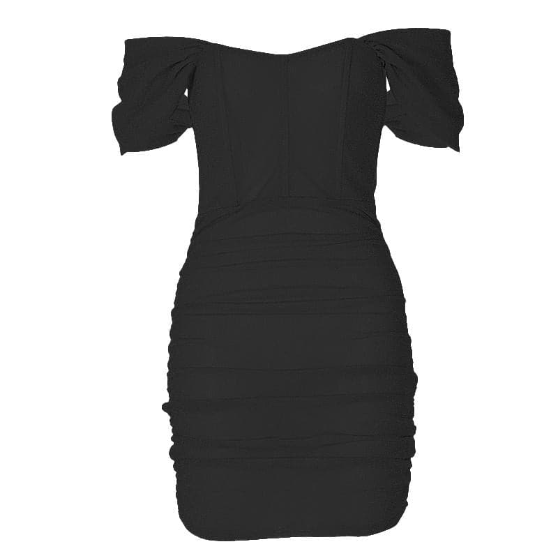 Off Shoulder Corset Sparkle Ruched Puff Sleeve Bodycon Mini Dress