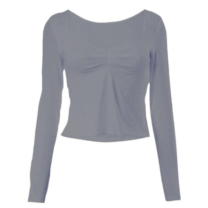 Square neck ruched long sleeve slit solid top