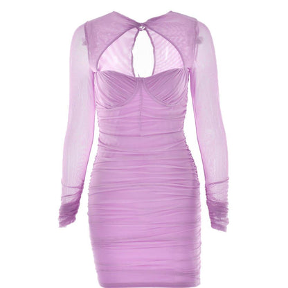 Hollow out ruched mesh long sleeve zip-up button cut out mini dress