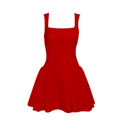 Square neck ruched stitch zip-up cami mini dress