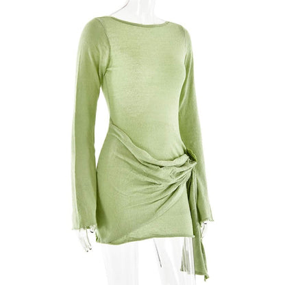 Long sleeve flower applique ruched backless mini dress