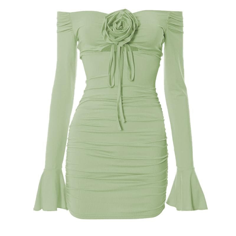 Flower applique hollow out ruched long flared sleeve cut out mini dress