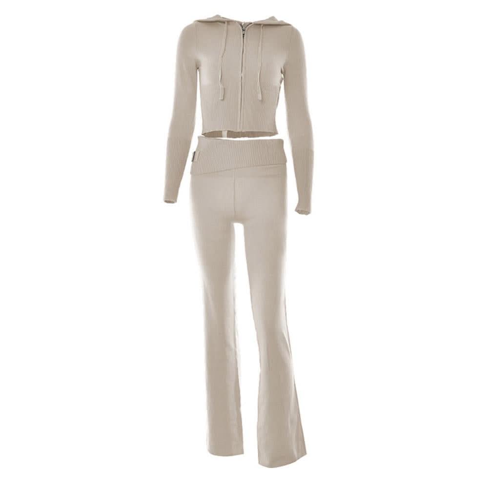 Long sleeve zip-up hoodie drawstring solid pant set
