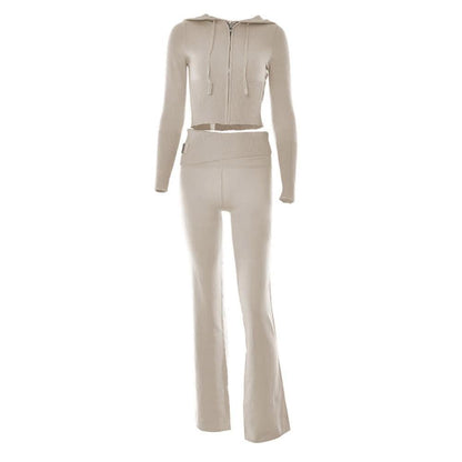 Long sleeve zip-up hoodie drawstring solid pant set