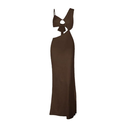 Irregular hollow out ruched solid cut out maxi dress