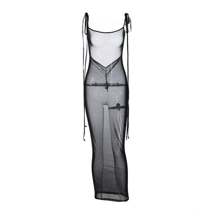 Sheer Mesh Tie Shoulder Halter Backless Bodycon Maxi Dress