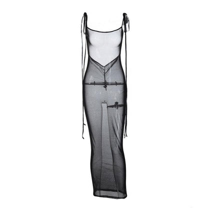 Sheer Mesh Tie Shoulder Halter Backless Bodycon Maxi Dress