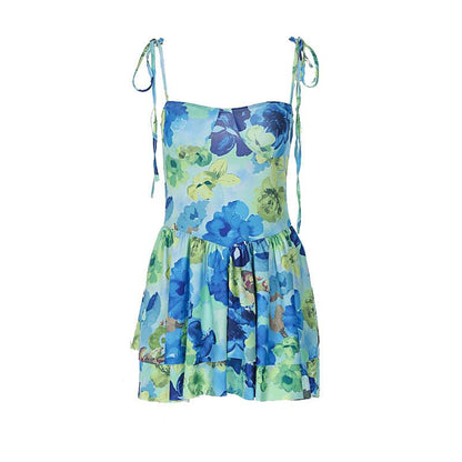 Floral Print Square Neck Tie Strap Tiered Ruffle Mini Dress