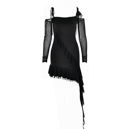 Ruffle self tie irregular off shoulder mesh long sleeve mini dress