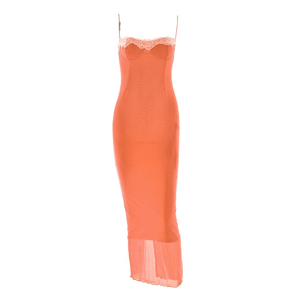 Lace hem patchwork mesh slit cami midi dress