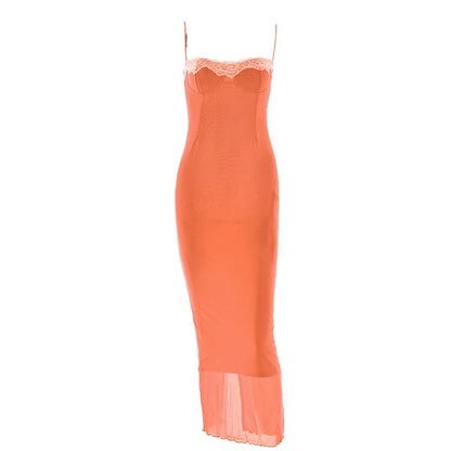 Lace hem patchwork mesh slit cami midi dress