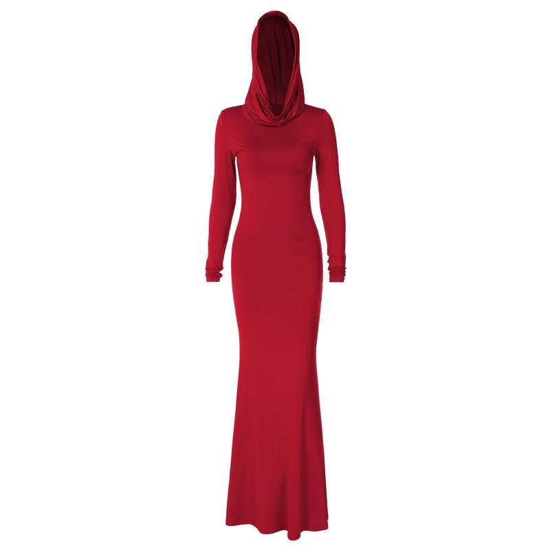 Hooded Cowl Neck Long Sleeve Bodycon Floor-Length Maxi Dress