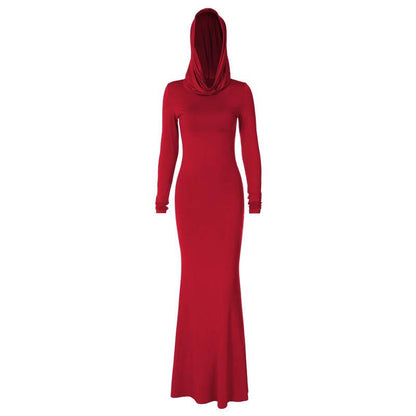 Hooded Cowl Neck Long Sleeve Bodycon Floor-Length Maxi Dress