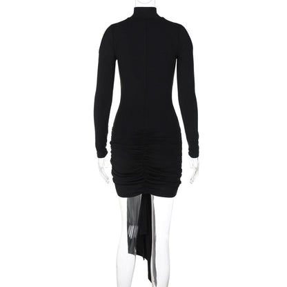 High neck long sleeve ruched hollow out cut out mini dress