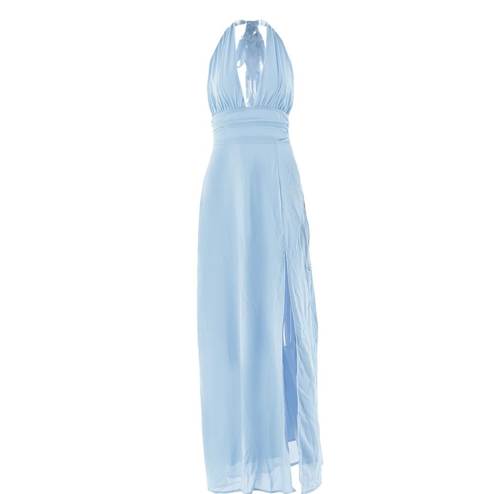 Halter deep v neck ruched high slit maxi dress