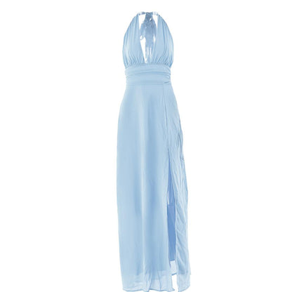 Halter deep v neck ruched high slit maxi dress