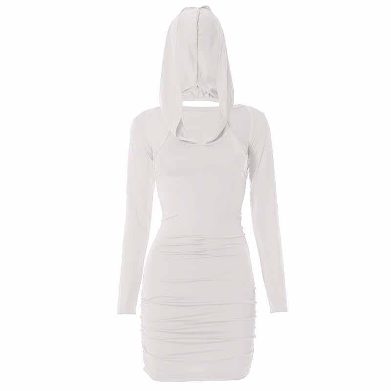 Hooded Cold Shoulder Ruched Long Sleeve Bodycon Mini Dress