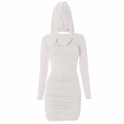 Hooded Cold Shoulder Ruched Long Sleeve Bodycon Mini Dress