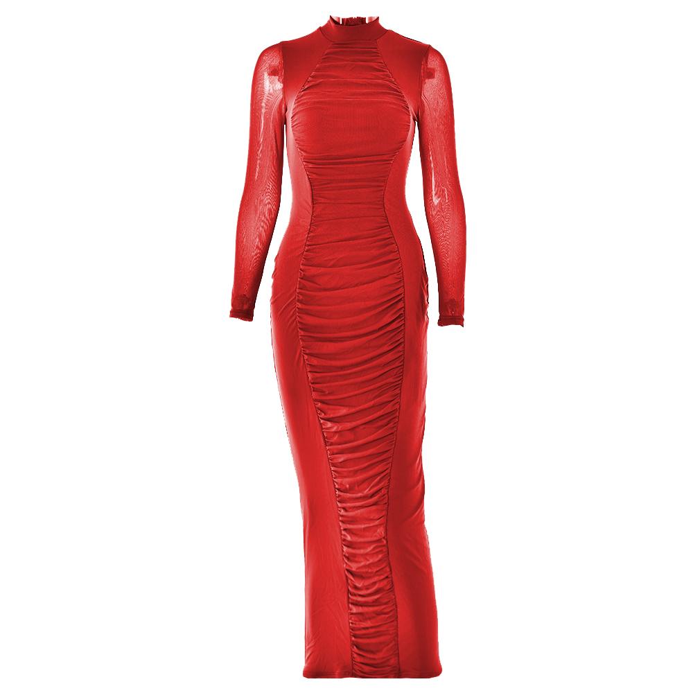Long sleeve ruched mesh patchwork maxi dress