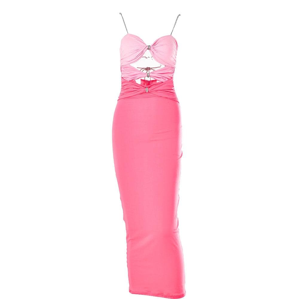 Hollow out contrast patchwork bowknot backless self tie cut out maxi dress