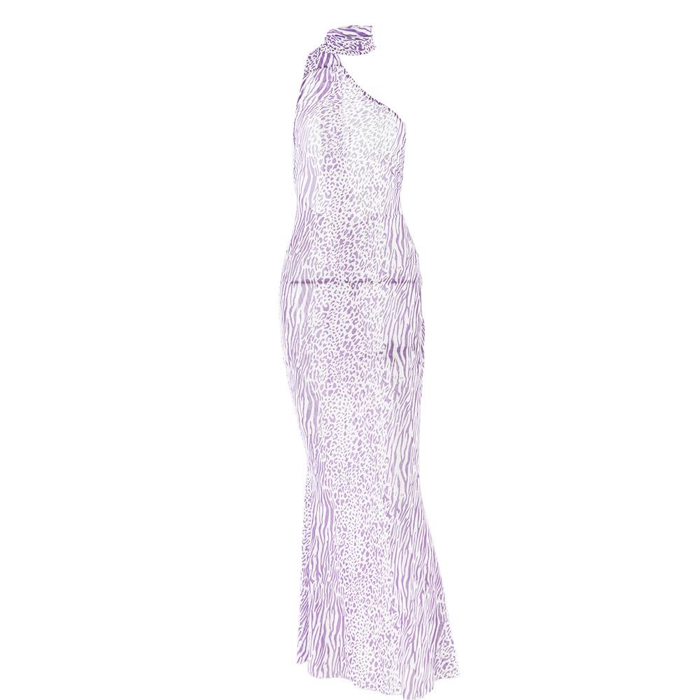 Halter one shoulder leopard print sheer mesh maxi dress